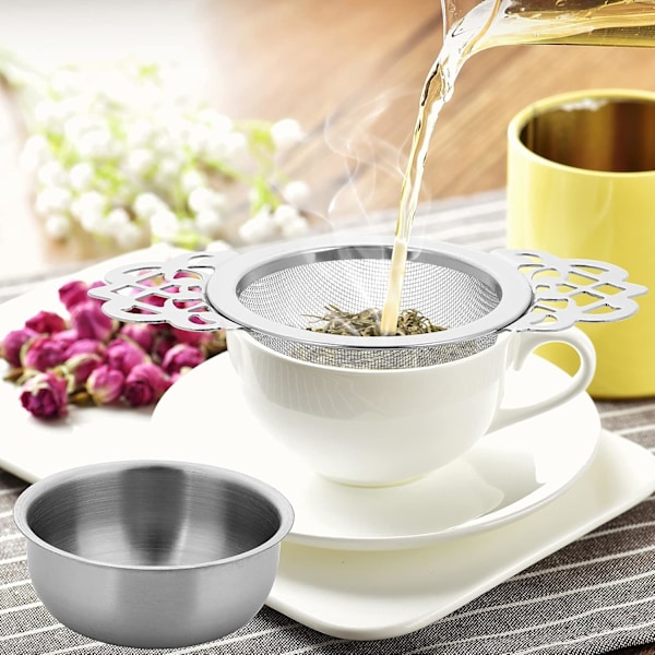 2-pak Små Fine Maske Te-si med Skål, Rustfrit Stål Løs Te Infuser Si 7cm Diameter Te Filter med Dobbelte Vingeudvidelser Ideel