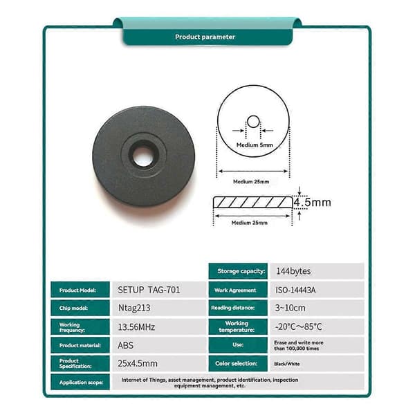 5 STK 25 mm RFID Checkpoints Label Tag Vagt Tour Patruljesystem Black