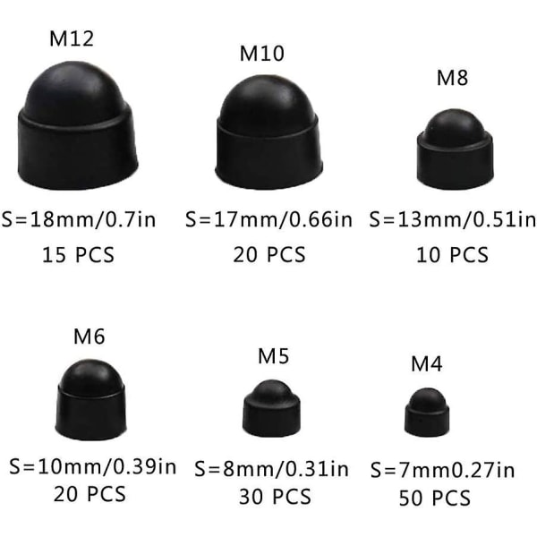 Sexkantiga skruvskydd 145 delar cap , bultmutterskydd, sexkantsmutterskydd, M4 M5 M6 M8 M10 M12, med förvaringslåda för skruvar
