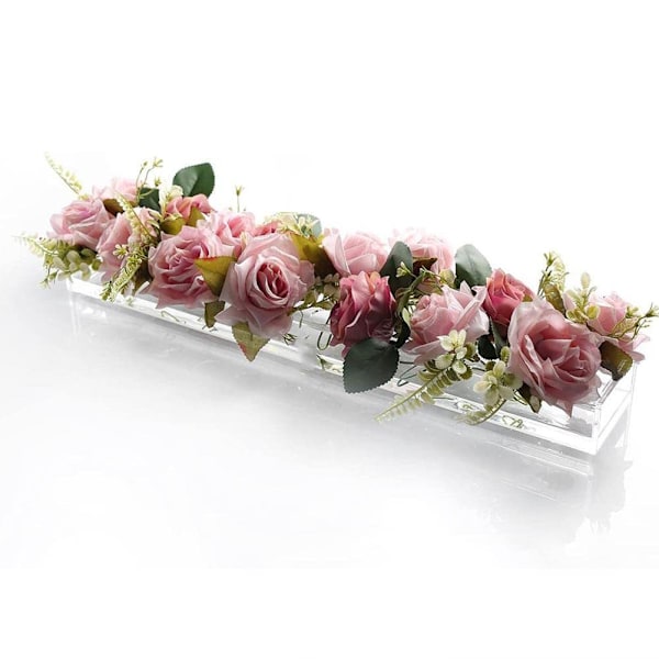 Klar akryl blomvas rektangulär blommig mittpunkt för matbord, lång rektangel akryl vas för hem bröllop matbord dekoration 45X6.5X10