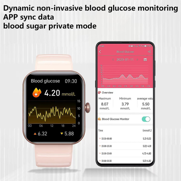 Ikke-invasiv blodsukkertest Smart Watch, Full Touch Health Tracker Ur med blodtryk, Blodilt sporing, Søvnovervågning Black Silicone