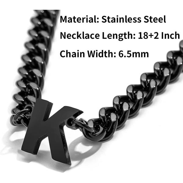 Indledende A-z cubanske kædekæde halskæde til drenge mænd kvinder brevvedhæng rustfrit stål 6,5 mm 18+2 tommer smykkegave Black S