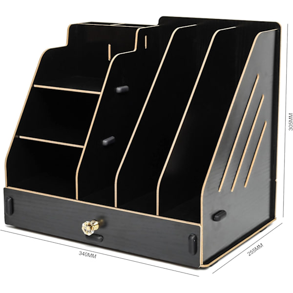 Wooden Desk Organizer with Drawers - Three-Tier Document Storage - Holds A4 Documents (Black)