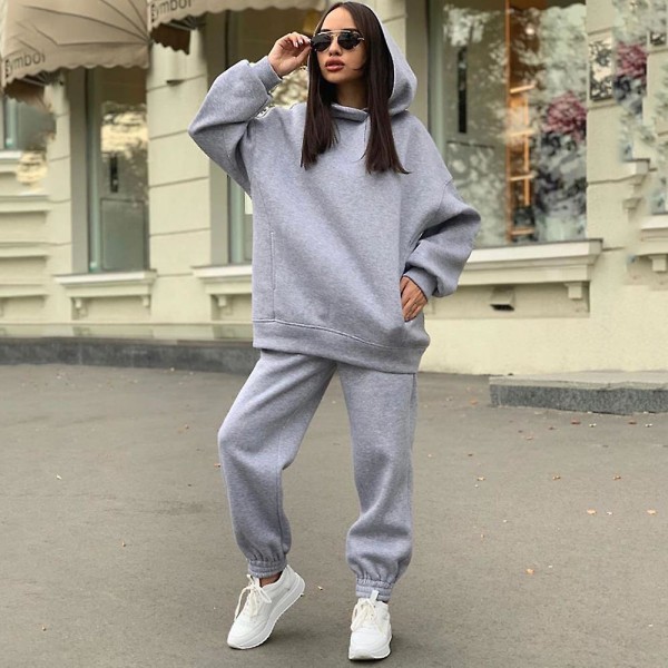 2-delad Hoodies Set Enfärgad Pullover Sweatshirt & Sweatpants Tjock träningsoverall Light Gray S