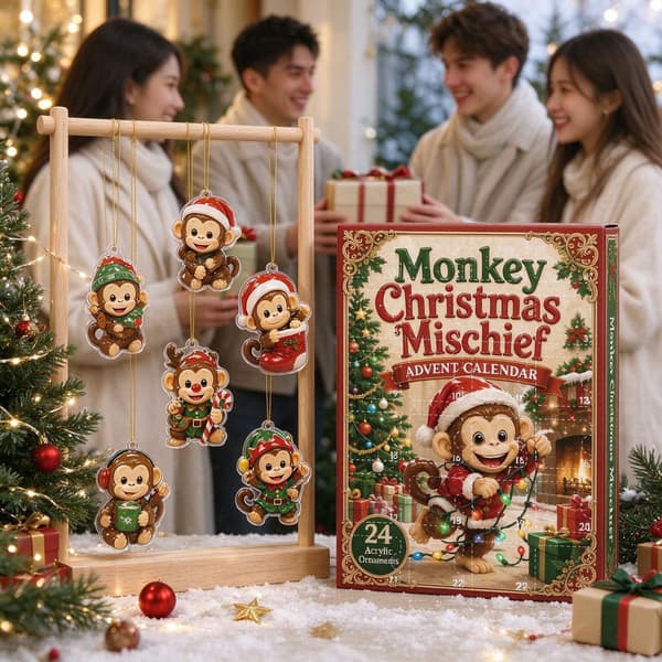2026 Ny jule-adventskalender med aper - 24 dagers overraskelser med akrylprynt, julegave til barn