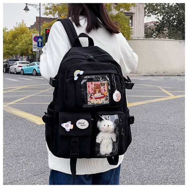 Cute All-Purpose Backpack, Large Capacity Waterproof School Bag, with Cute Charm, Black