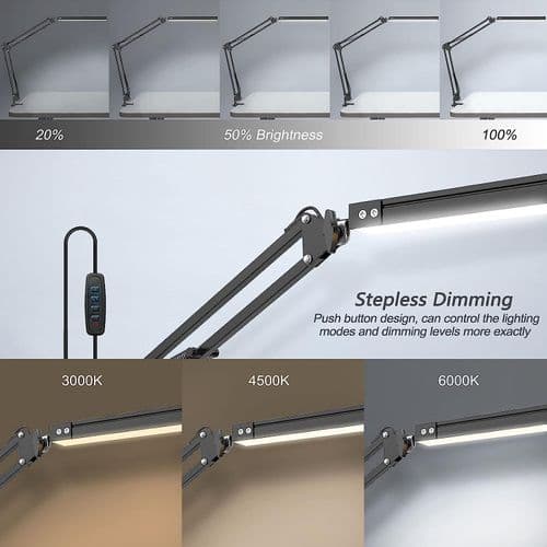 LED-bordlampe med klemme, svingarm, justerbar