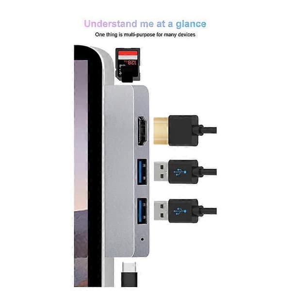 Til Surface Pro 8 USB C Hub, 4K -kompatibel adapter+2 USB 3.0-læser SD/TF-kortlæseradapter til Silver