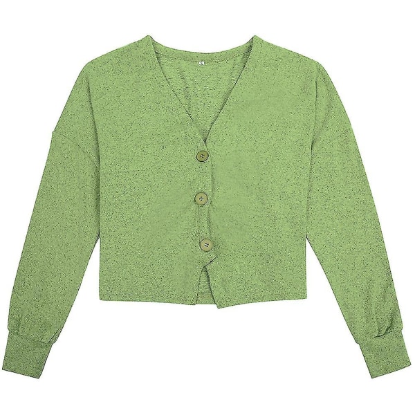 Bomulls Cardigan for Dame med V-hals, Løstsittende, Ensfarget, Casual Design, 15 Farger Apple Green 2XL