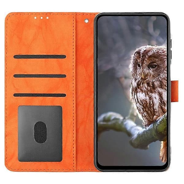 Kompatibel med iPhone 15 Pro-deksel Uglepreget PU-skinnlommeboktelefondeksel med håndleddsstropp Orange