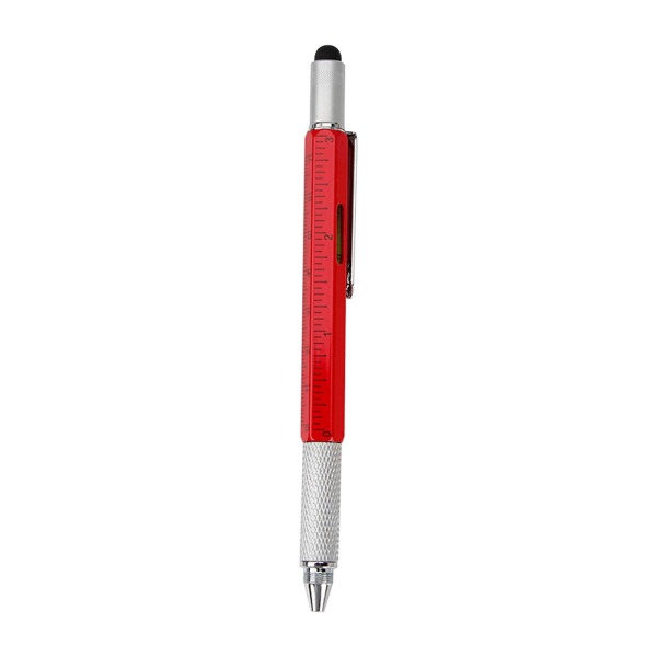 Multifunktionel værktøjspen Et-ord krydsskruetrækker niveaumåler skala Kapacitiv pen Seks-i-en metalkuglepen 1 ml-rød