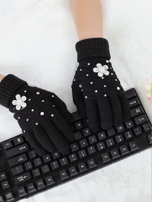 Vinterstrikkede glitrende handsker Sorte rhinsten fuldfingerhandsker Perleblomst Touchscreen Vintervarme handsker til kvinder og piger