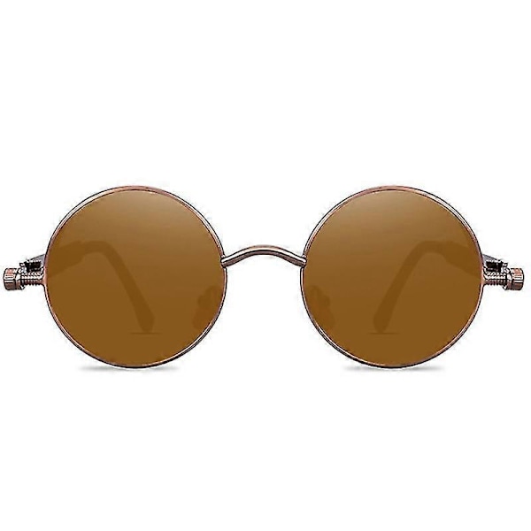 Vintage Polariserade Steampunk Runda Solglasögon för Män, Stilren Db Brown Frame Brown Lenses