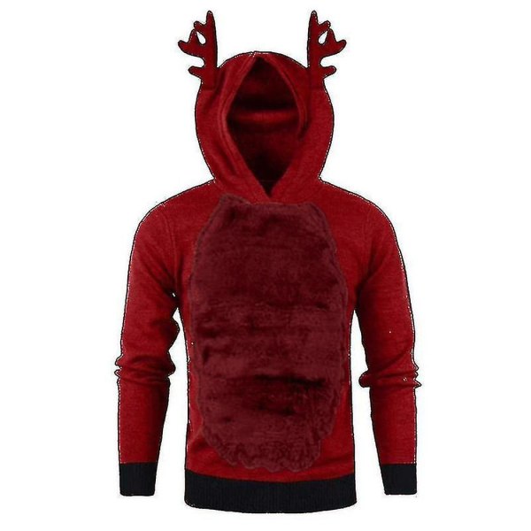 Mænd Christmas Hættetrøje Jumper Toppe Xmas Rudolph Reindeer Pullover Sweatshirt Red Wine Red XL