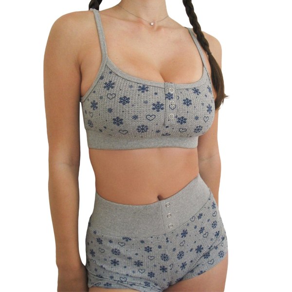 Dam 2-delad blommig set Y2k långärmad crop top smal t-shirt höghögd shorts outfit loungewear Gray S