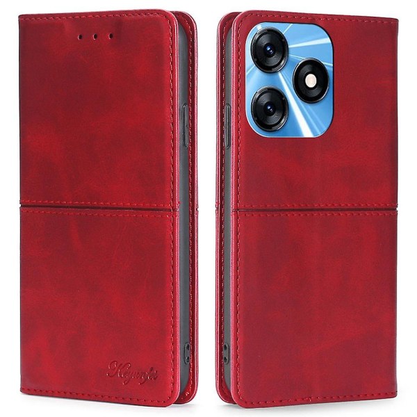 Tecno Spark 10 4G -puhelimen cover korttipaikoilla lehmännahkainen rakenne PU-nahkainen phone case- punainen Red