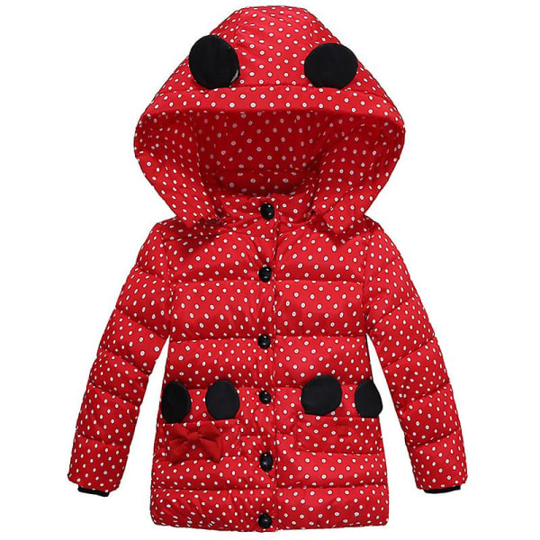 Børnepige polstret frakke varm pufferjakke Polka Dot hætteovertøj Red 2-3 Years