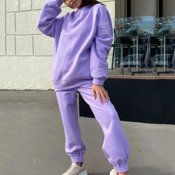 2-delad Hoodies Set Enfärgad Pullover Sweatshirt & Sweatpants Tjock träningsoverall Purple M