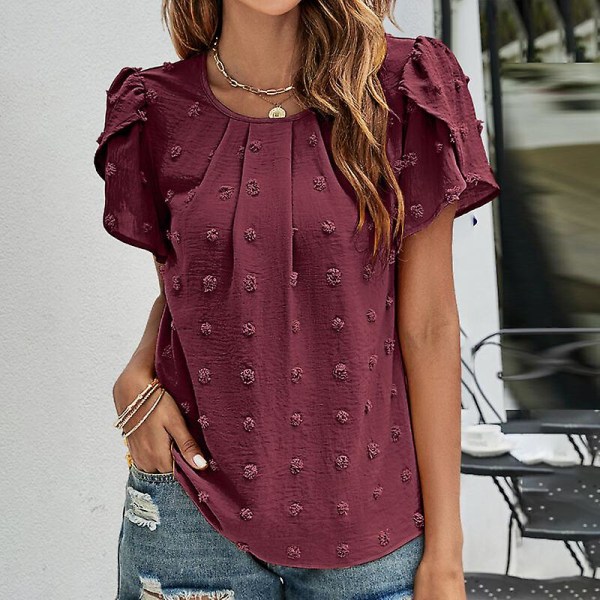 Dame T-shirt Chiffon toppe med rund hals med polka dots tunika bluse Casual T-shirt med kronblade Wine Red S