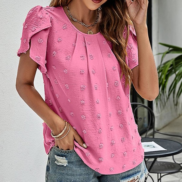 Dam T-shirt Rundhals Chiffon Toppar Polka Dot Tunika Blus Casual Petal-Ärm Tee Rose Red L