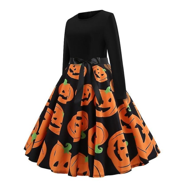 Halloween Kjole til Kvinder Skelet Græskar Trykt Cosplay Party Kostume D_5 orange XL