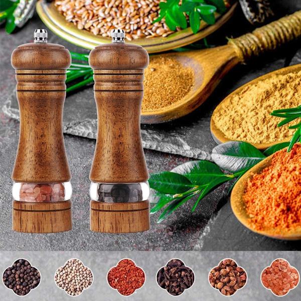 2 st pepparkvarnar, manuella salt- och pepparkvarnar i trä, kryddkvarnar i trä, manuell kvarn för keramisk justering (brun)