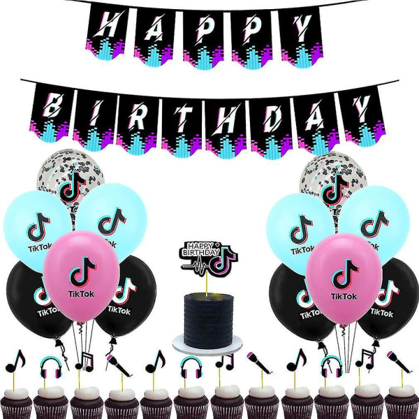 28 kpl Tik Tok -aiheisia juhlakoristeita Hyvää syntymäpäivää Teemaiset ilmapallot Lateksiilmapallot Konfettiilmapallot bannereilla ja kakkupäällisillä