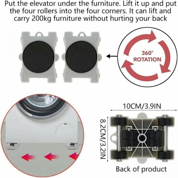 Møbelsæt til flytning af tunge møbler, 8 møbelruller med 1 løftebjælke og 4 flytteruller, møbelruller til at flytte møbler opad