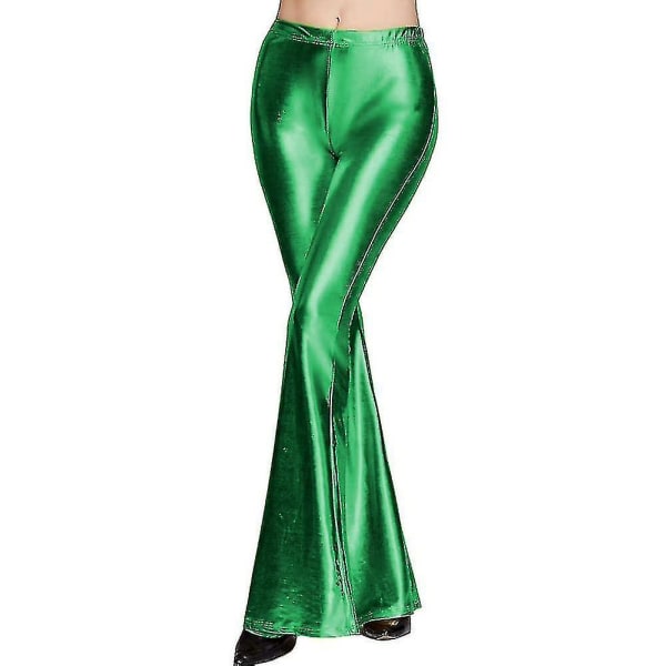 Dam 70-tal Mermaid Shiny Metallic Flare Leg Byxor Hippie Metallic Pants Yogabyxor Green XL