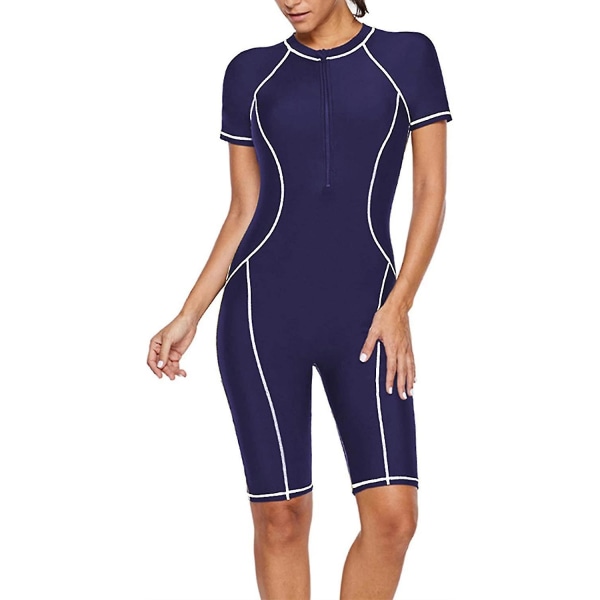 Baddräkt i ett stycke för kvinnor Långärmad Rash Guard Dam Våtdräkt Atletisk Baddräkt Surfing Dykning Dragkedja Fram Badkläder Baddräkt Wanke Navy Blue Short Sleeve 3XL