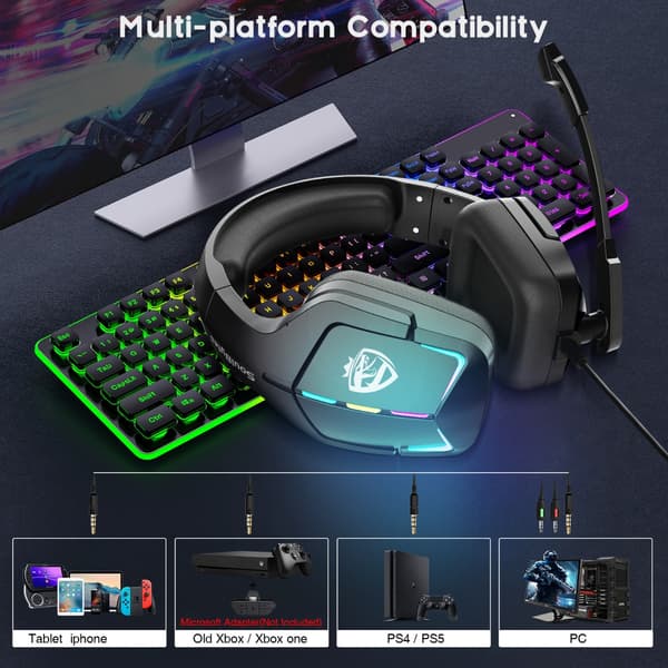 Wired Gaming Headset Black RGB Lighting with 3.5mm Single Plug and Y-Splitter Audio Cable, Compatible with PS4, PS5, Xbox, Nintendo Switch 510