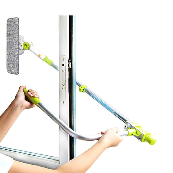 Window cleaner with smart angle, extendable telescopic handle and double-sided window squeegee for the outside