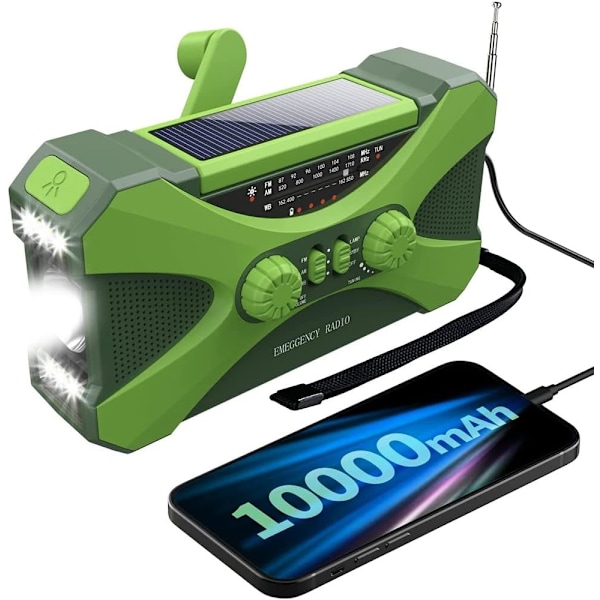 10000 MAH nödradio, solladdningsradio, bärbar radio med telefonladdare, grön LED-ficklampa