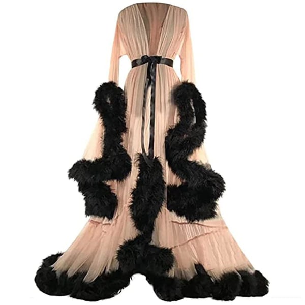 Kvinders efterhængende lang kjole med fjerudsvingede ærmer perfekt til polterabend Beige L