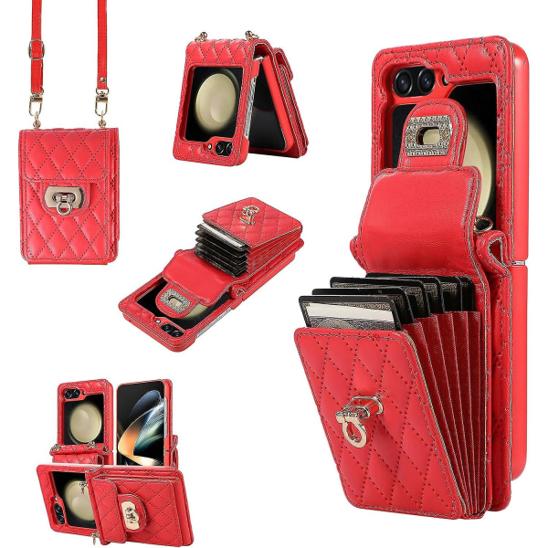 Galaxy Z Flip 5 Pungtaske, crossbody blød lædertaske til Samsung Galaxy Z Flip 5 med 6 kortlommer Red