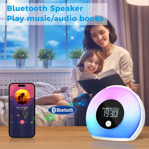 Wake-up light alarm clock with Bluetooth speaker, night light for kids