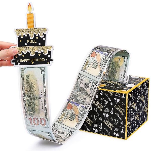 Syntymäpäiväraha-lahjarasia käteisellä, rahalahjalaatikot käteisellä ja ulosvedettävä Hyvää syntymäpäivää -kortti ja 24 kpl läpinäkyviä laukkuja Black