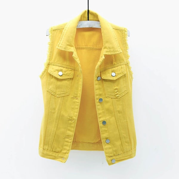 Kvinnors vår- och höstkappa Enfärgad ärmlös jeansjacka Yellow 2xl