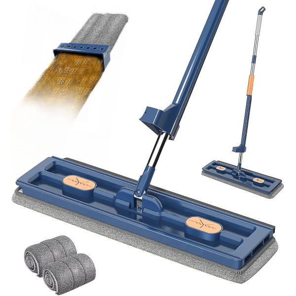 Stor Platt Moppset, 360° Swivel Mopp med Urvridningsfunktion, Golvmoppset Platt Mopp med Återanvändbara Mikrofibermoppdynor (blå - Med 2 Moppdynor)