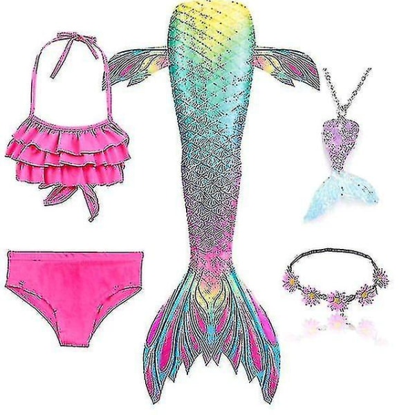 5 stk/sett Jenter Mermaid Tail Badedrakt Barn Mermaid Ariel Cosplay Kostyme Fantasy Beach Bikini Set 2 120