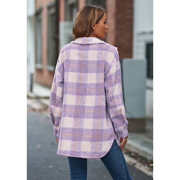 Vinter Ulljakke Casual Rutete Flanelljakke Oversized Knappelukking Lang Erme Høst Skjortejakke Kåpe Topper Jakke Kvinner ROSA PINK S