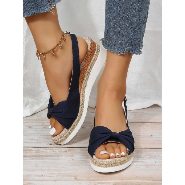 Bowknot Wedge Espadrilles, damer, lätta Peep Toe Ankel Spänne Slingback Skor, Platform Sommar Sandaler 9