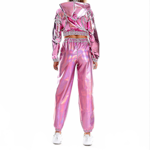 Høybente bukser for kvinner - holografisk streetwear, klubb, kult, skinnende, avslappet Pink M