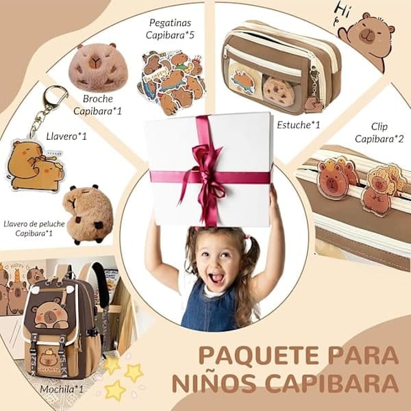 Cute Waterproof Nylon Backpack with Capybara, Includes 11 Small Gifts, Cute Capybara Shape, Cute Large Kids Backpack for School