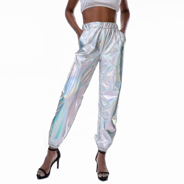 Naisten muoti holografiset Streetwear Club Cool Shiny Causal Pants White M