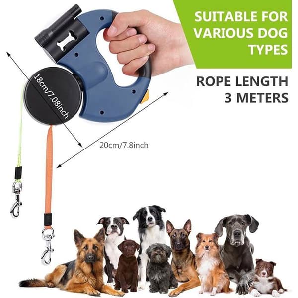 Hundkoppel, utdragbart hundkoppel, dubbelkoppel för 2 hundar, utdragbart hundkoppel, infällbart, töjbart, KOPPEL