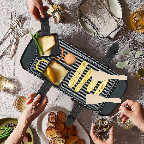 4 stk Raclette-skåler til grill og 4 stk Raclette-spatler i tre Polon Raclette Grill Non-stick belegg i støpejern Mini tallerken med isolert håndtak