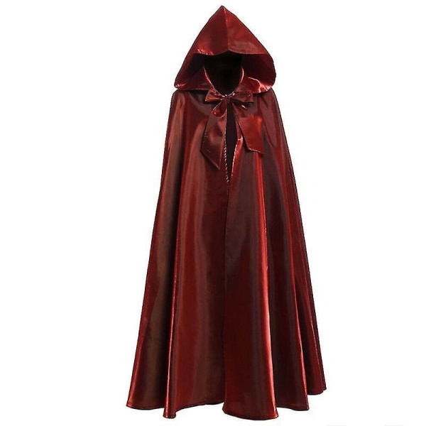 Halloween Kostume 2022 - Lang Kåbe med Hætte i Satin Rød - Heks/Troldmand - Voksen Maroon 150cm