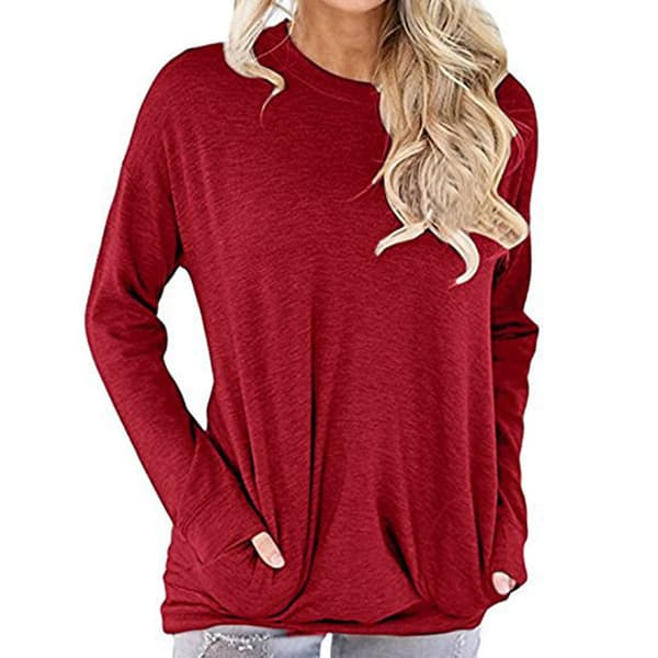 Rundhals Långärmad Lätt Tunn Hudvänlig Pullover Topp för Pendling Red S