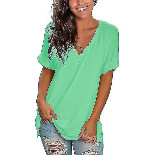 Dametøj T-shirt Sommer Tops 2022 Sommer V-hals Løstsiddende Casual Lake water green color S